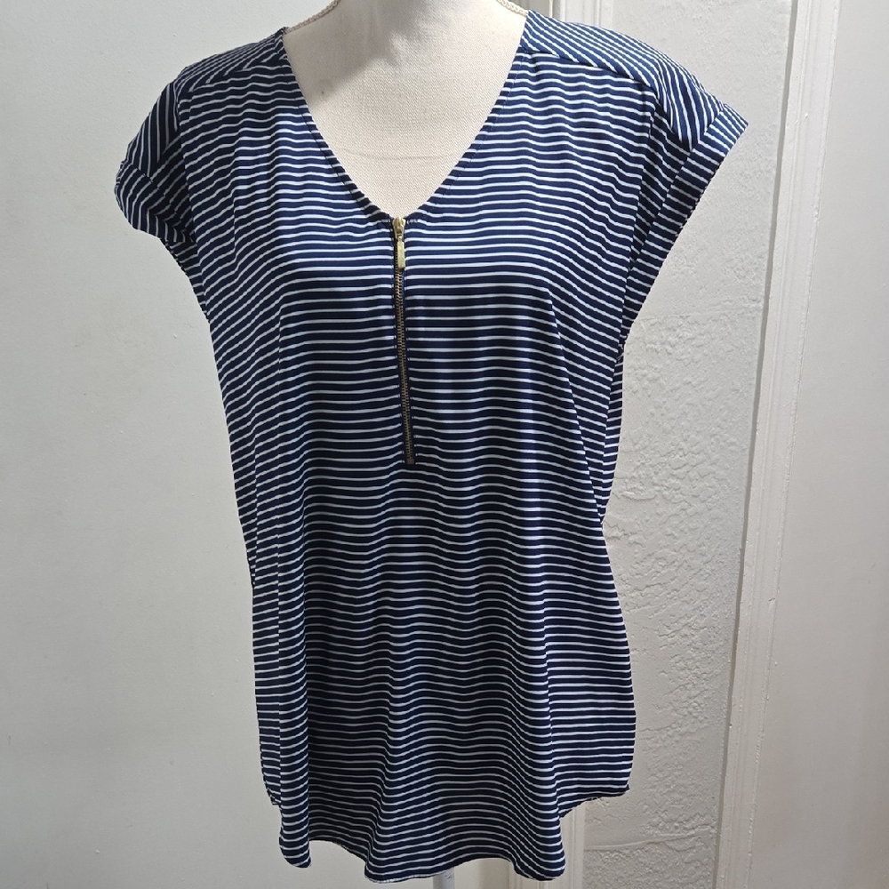 Express Navy and White Striped V-Neck Tee